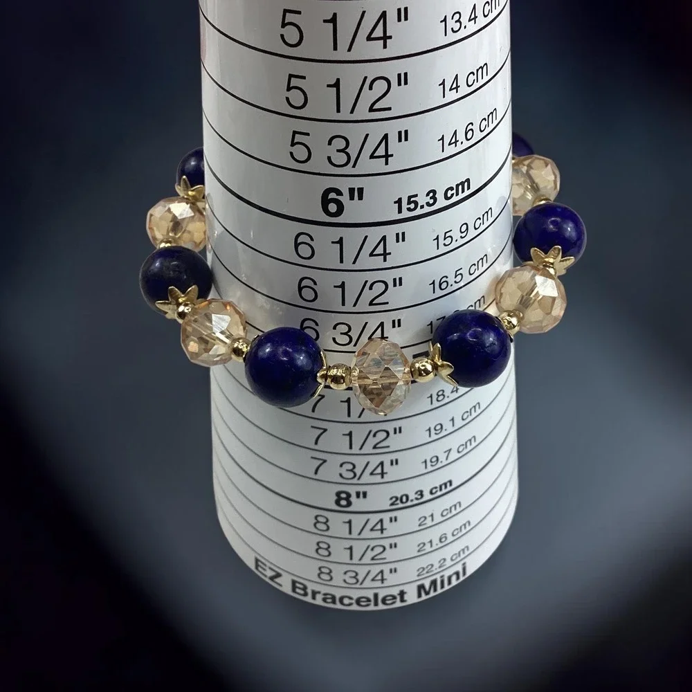 Handmade Mexican 3 Stretch Bracelets Lapis Lazuli Crystal Gold Flower Charm Blue
